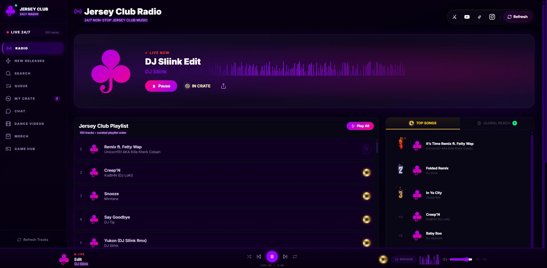Jersey Club Radio, full desktop dashboard